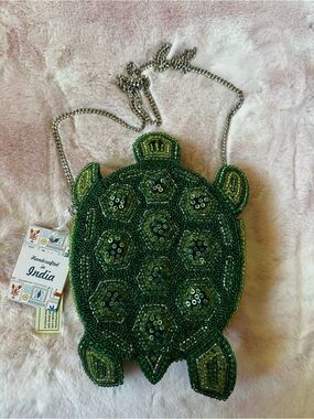 Green Beaded Turtle Crossbody Bag - Handcrafted in India NWT
